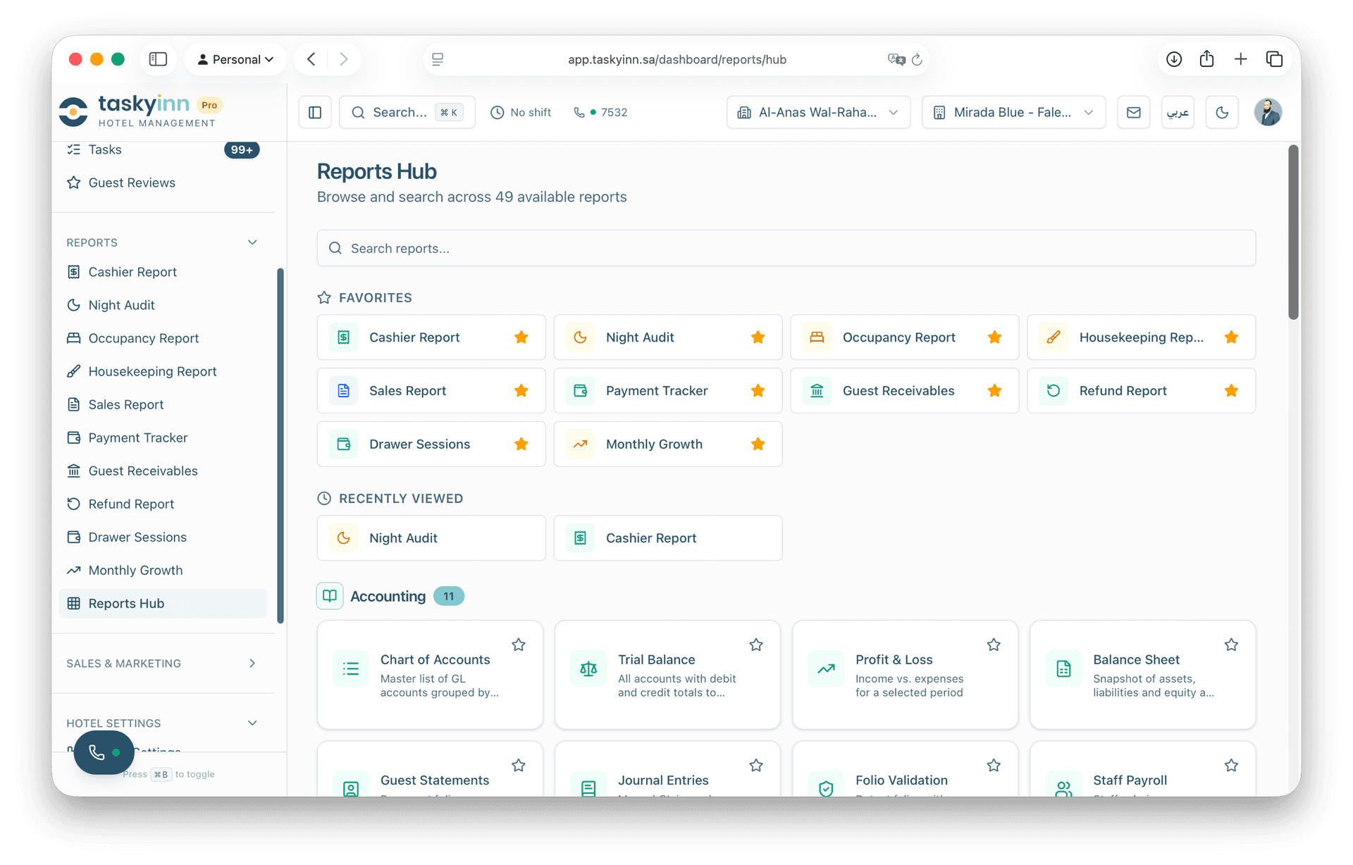 Reports hub — 49 reports